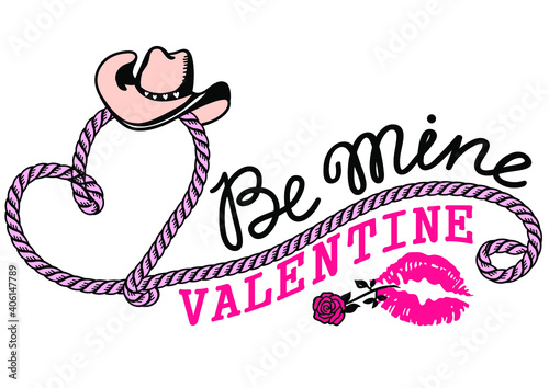 Cowboy Happy Valentine day. Country Farm with Cowboy hat and text rope heart decoration. Printable pink vector illustration background isolated on white for card or print
