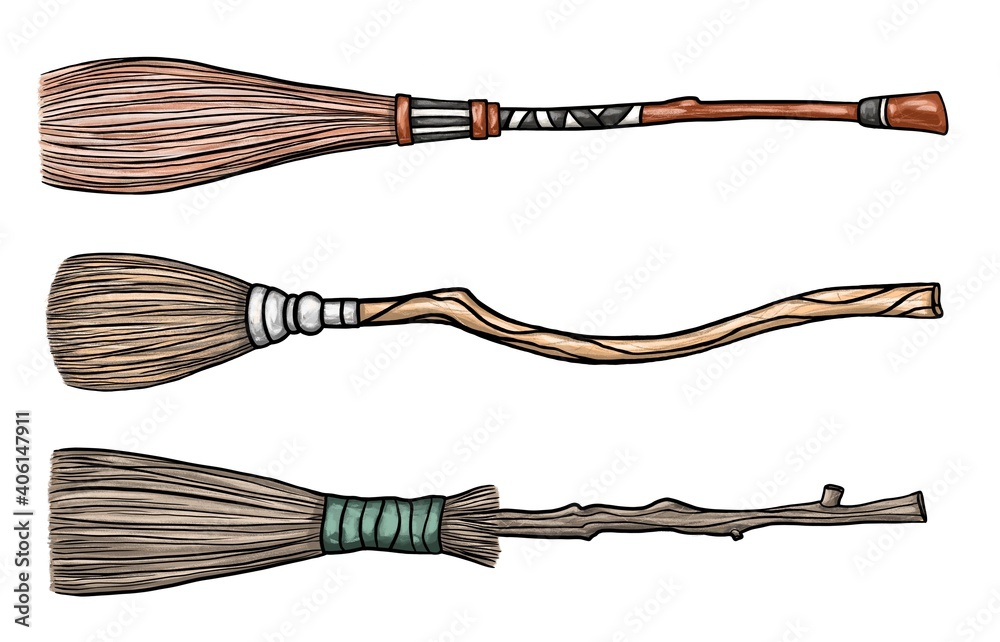 Set of three different magical wooden broomsticks. Halloween items. Hand drawn illustration isolated on a white background.