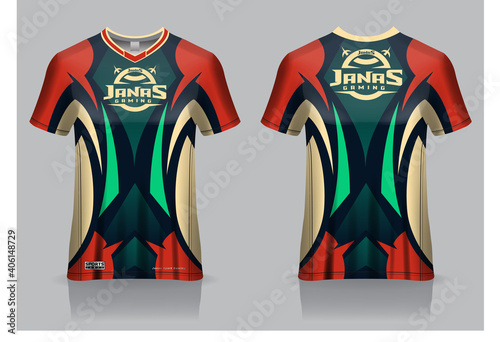 Esport gaming t shirt jersey template, uniform, front and back view