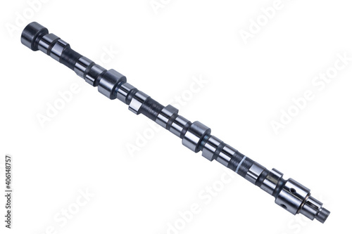 Truck camshaft on white. Industrial concept. close-up, engineering, service concept