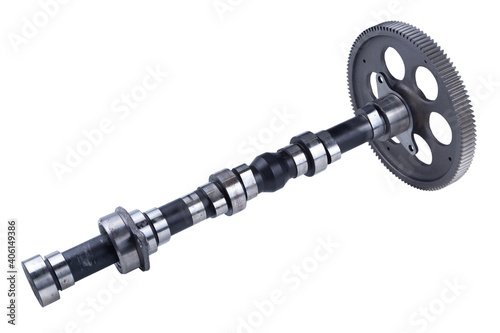Truck camshaft on white. Industrial concept. close-up, engineering, service concept