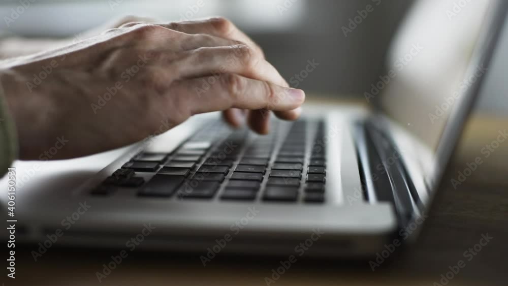 Man open laptop and using computer at home. Businessman working in office. Closeup of male hands typing on keyboard. Business, connection, internet marketing, distance education concept