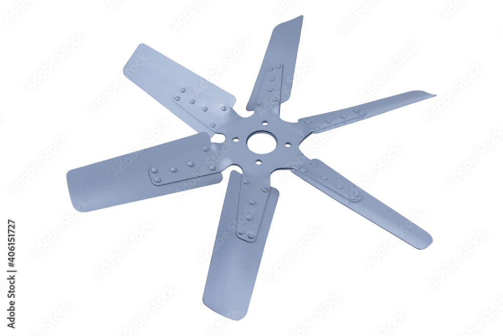 new grey truck engine cooling fan with metal blades isolated on white background. Spare parts new grey truck engine cooling fan with metal blades isolated on white background. Spare parts