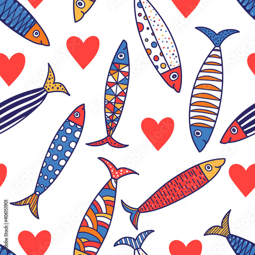 Cute sardines and hearts Kids background. Seamless pattern. Can be used in textile industry, paper, background, scrapbooking.