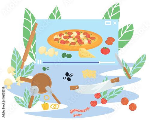 concept video recipe for making pizza. device screen with a video recipe. online cooking. ingredients and products. vector flat.