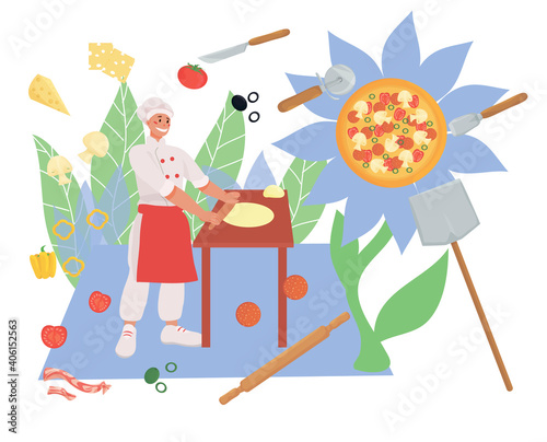 illustration of cooking pizza. pizzeria concept. the chef rolls out the pizza dough, around the ingredients, products and kitchen tools. vector flat.