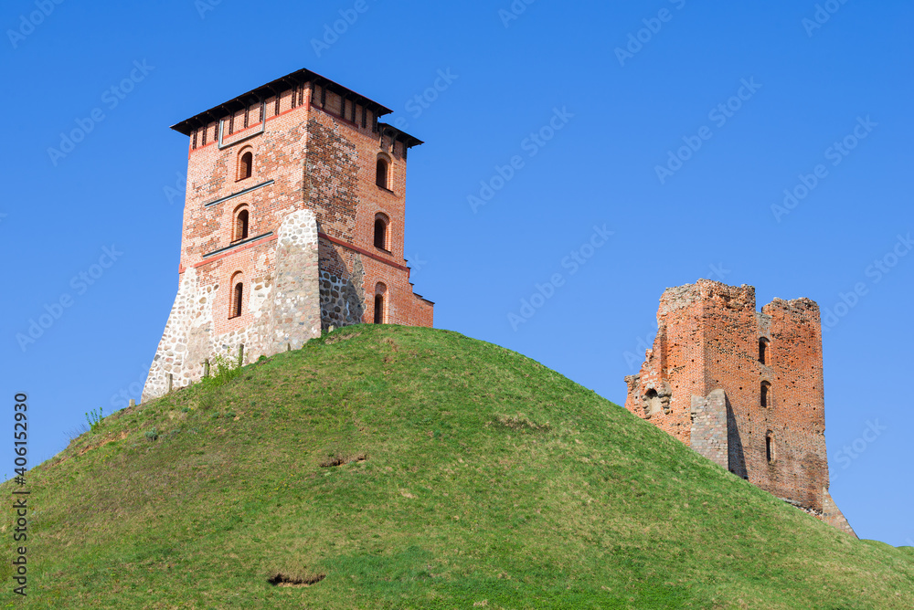 Ruins of towers of medieval castle on a sunny April day. Novogrudok, Belarus