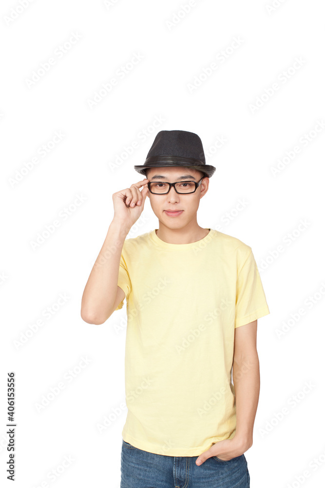 Portrait of young man wearing hat and glasses Portrait of young man wearing hat and glasses
