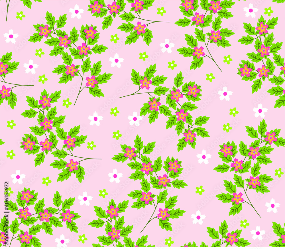 Vector seamless pattern with small blue, pink and yellow   flowers. Light floral background