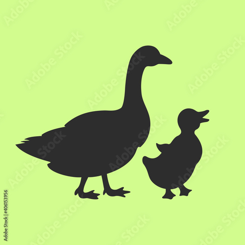 Goose mother with small baby bird, vector silhouette cartoon