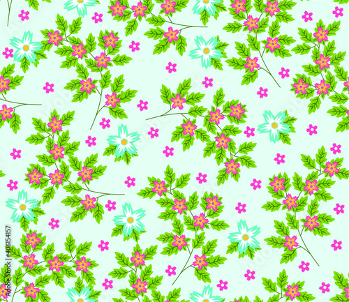Vector seamless pattern with small blue, pink and yellow   flowers. Light floral background