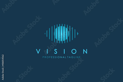 Abstract Eye Vision Logo. Blue Geometric Striped Lines Eye Icon with Eyeball inside isolated on Blue Background. Usable for Business and Technology Logos. Flat Vector Logo Design Template Element