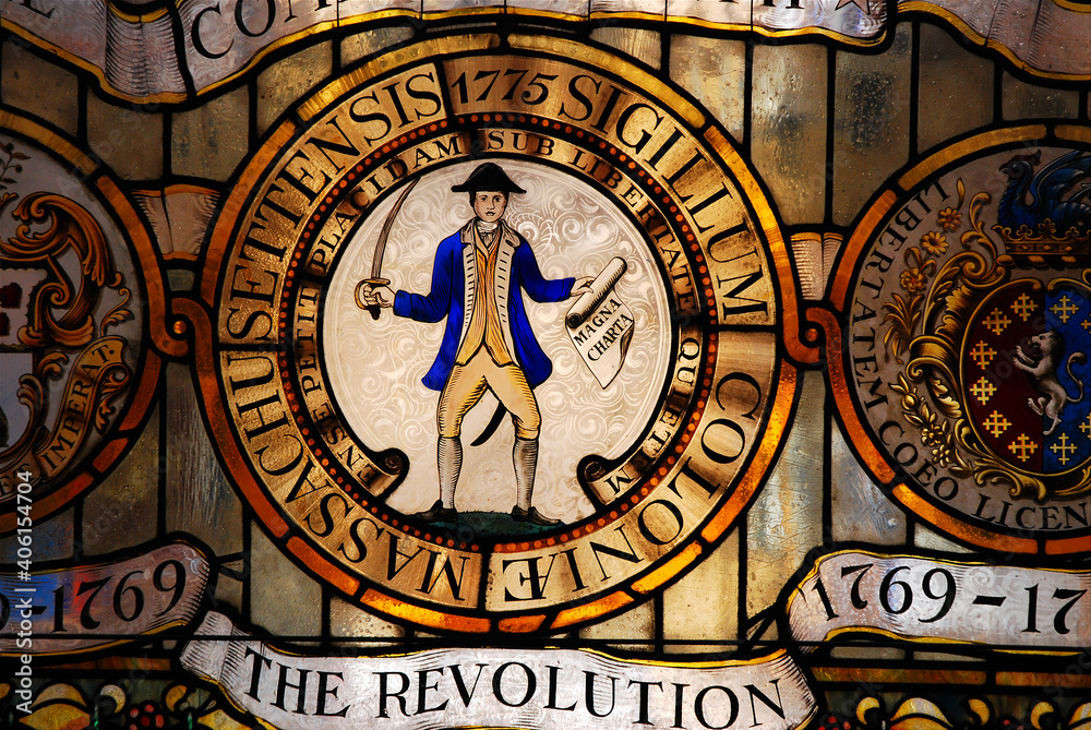 A stained glass window in the Massachusetts State House in Boston honors the Revolutionary War soldiers 