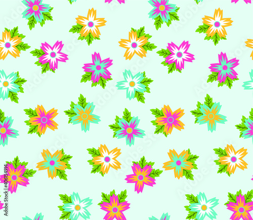 Vector seamless pattern with small blue, pink and yellow   flowers. Floral background