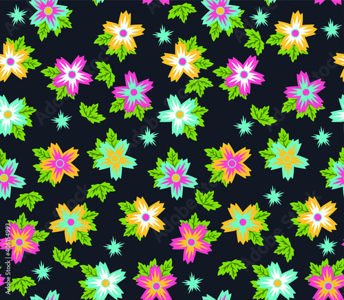 Vector seamless pattern with small blue, pink and yellow   flowers. Floral background