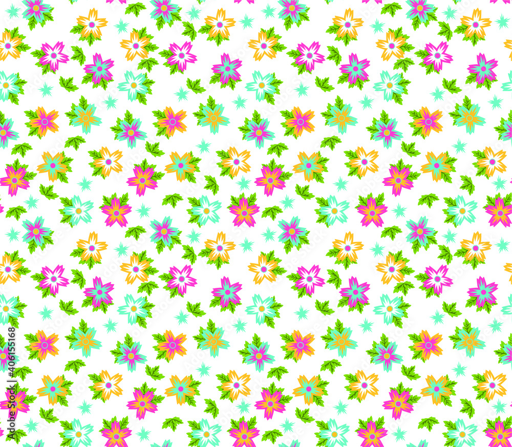 Vector seamless pattern with small blue, pink and yellow   flowers. Floral background