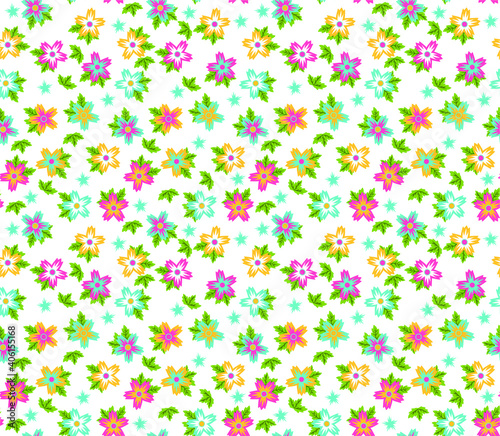 Vector seamless pattern with small blue, pink and yellow flowers. Floral background