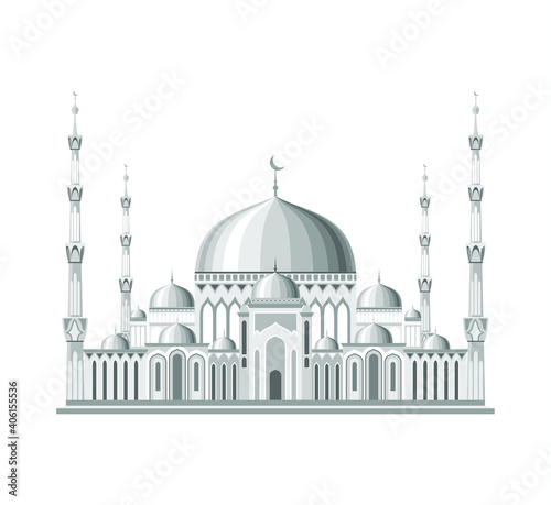 Beautiful and fabulous Muslim temple mosque. Vector graphics of oriental architecture. Arab national traditions. Building for believers and religious people