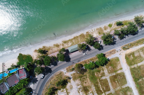 The Road villahouse city forest sea bay aerial top view  UAV
