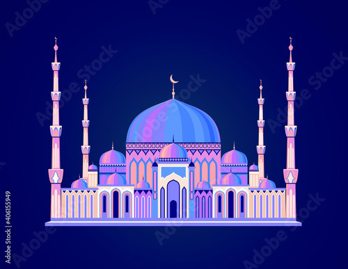 Beautiful and fabulous Muslim temple mosque. Vector graphics of oriental architecture. Arab national traditions. Building for believers and religious people