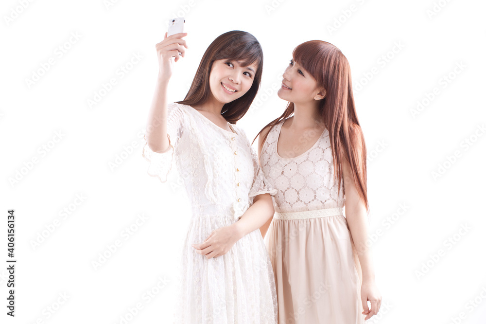Portrait of two female friends take picture of themself Portrait of two female friends take picture of themself