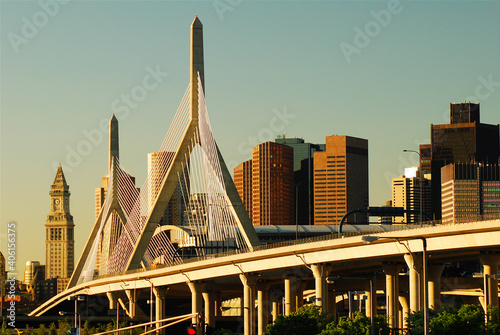 The Leonard P Zakim Bridge, a newly constructed cable Stayed suspension Bridge, connects Boston with Charlestown, Massachusetts photo