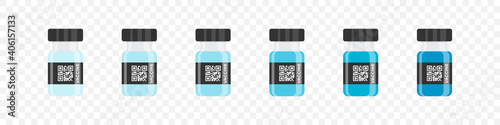 Vaccine Vial. Coronavirus Vaccine. Design template medical bottles with QR-code. Mockups of vial with medication for injection. Vector illustration