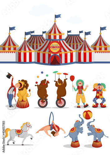 Circus set: tent, lion, bears, aerial acrobat, clowns, horse, elephants. Vector cartoon illustration on white background.