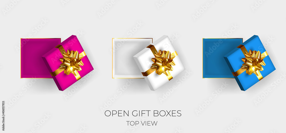 Set of empty festive colorful open gift box with  gold bow. Top view. 