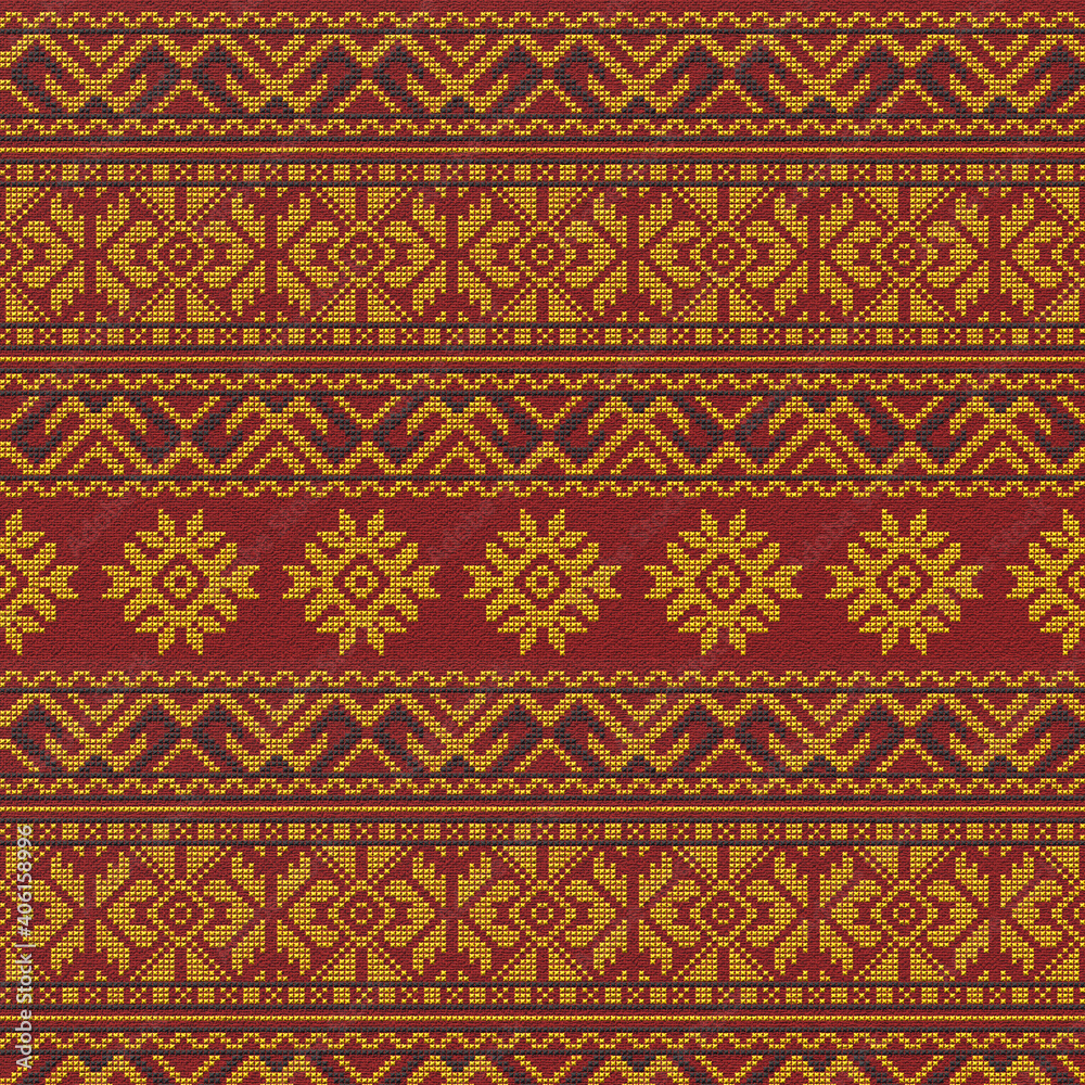 Embroidered good cross-stitch pattern for embroidery. Ukrainian ethnic ornament. ethnic handmade embroidery in red color. 3D-rendering Embroidered good cross-stitch pattern for embroidery. Ukrainian ethnic ornament. ethnic handmade embroidery in red color. 3D-rendering