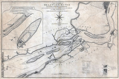 Photo 18th-century vintage map of Delaware River