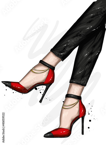 Women's legs in stylish high-heeled shoes and trousers. Fashion and style, clothing and accessories. Vector illustration.