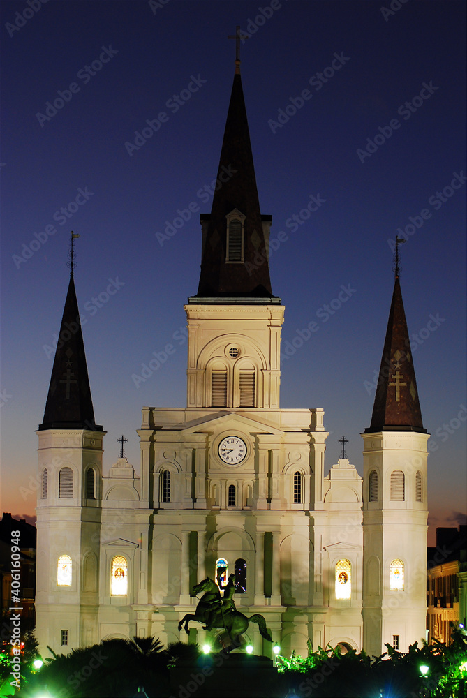 The St. Louis Cathedral basilica sits at the edge of Jackson Square and the French Quarter in New Orleans
