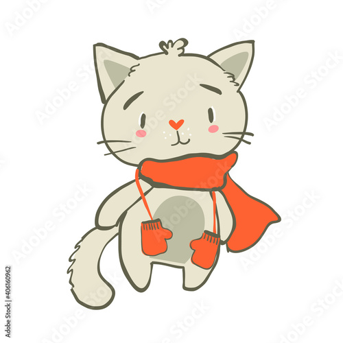 Cute cat in a red scarf and with mittens