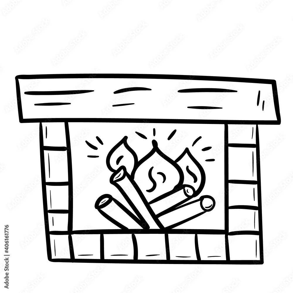 Fireplace with burning woods in the doodle style. Hand-drawn. Cozy home, Hygge, Slow living. Vector illustration isolated on a white background Fireplace with burning woods in the doodle style. Hand-drawn. Cozy home, Hygge, Slow living. Vector illustration isolated on a white background