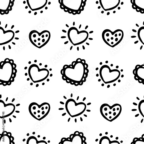 Seamless hand-drawn pattern with hearts. Vector illustration