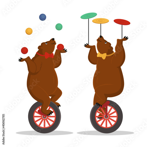 Circus bears juggle on a bicycle. Vector cartoon illustration.