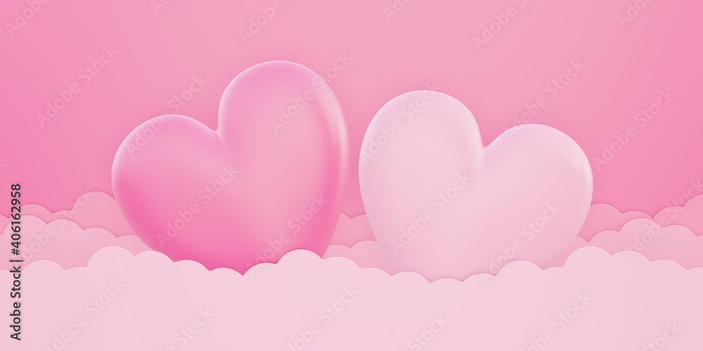 Valentine's day, love concept background, pink and white 3d heart shape on cloud in the sky
