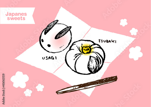 かわいい和菓子のイラスト_椿とうさぎの練り切り
