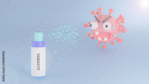 3D illustration rendering. An alcohol bottle spraying to the Corona disease on the pastel blue scene. A red Coronavirus afraid the Alcohol.