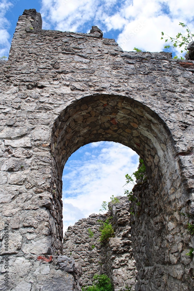 Ehrenberg Castle ruins (Burgruine Ehrenberg)in Reutte, Austria. A medieval castle, with defensive walls, tall towers and a lot of history. The gothic castle complex with windows to the sky. 