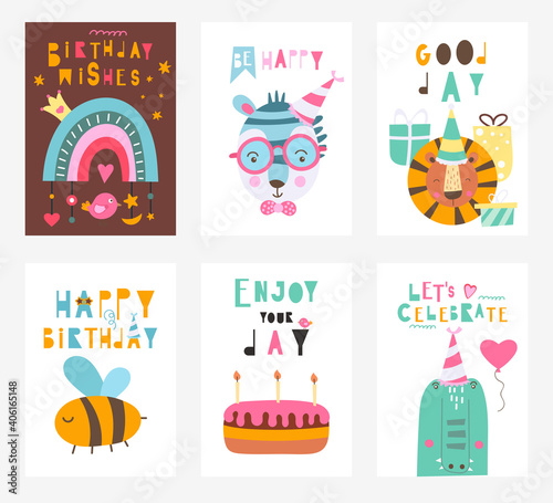 Happy birthday greeting cards collection. Birthday elements, zebra, crocodile, lion, lettering. Vector illustration for celebration.