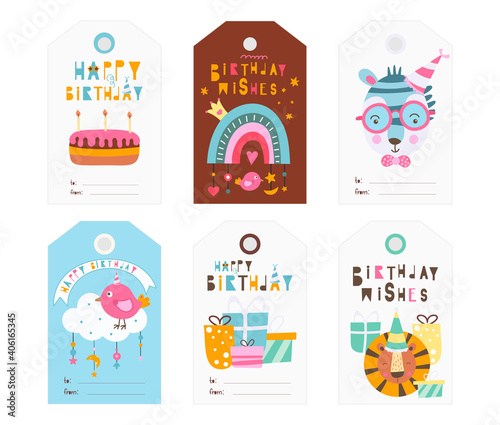 Birthday gift tags with hand drawn lettering, birthday elements and cute animals. Vector illustration. Hang tag is great for packaging gifts.