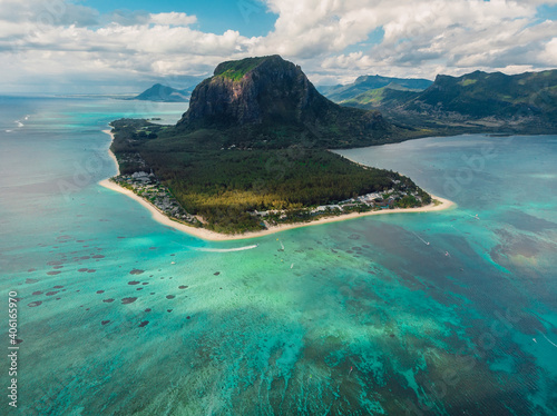 Le Morne mountain, ocean and beach in tropical Mauritius. Aerial view