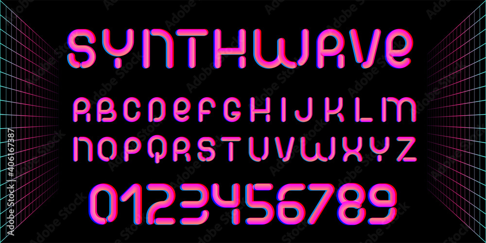 Synthwave font. Letters of 70s-80s aesthetics. Vector alphabet in retro futurism style.