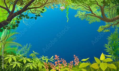 Sky blue background with nature-themed frame with trees, flowers, leaves, and a jungle.
