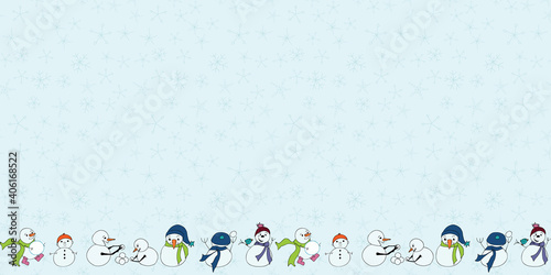 Snowman border with flakes colorful seamless vector border surface pattern design