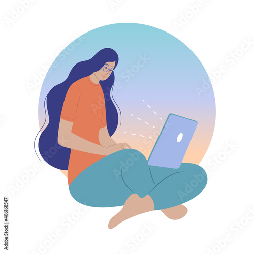 Young women are using their notebook computers for education, social media, online shopping, etc. Flat cartoon vector illustration.