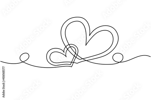 Continuous line drawing of two hearts, illustration for Valentine's Day.