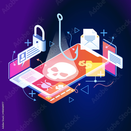 Hacker attack and web security vector concept, phishing scam. Netwrok and internet security. Anti virus, spyware, malware. 3d isometric vector illustration.